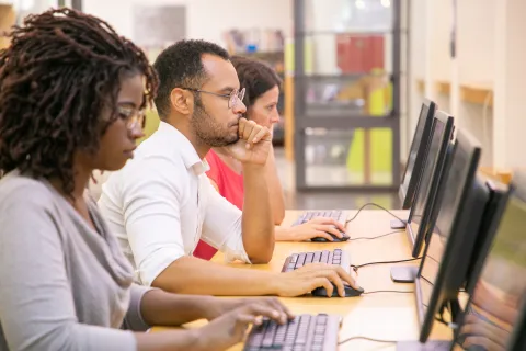 Students working in a row in front of computers